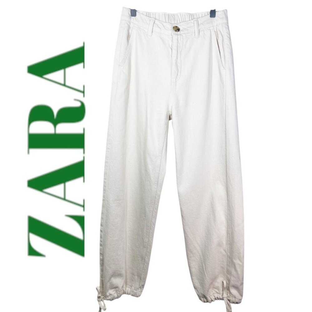ZARA Ivory Cream 100% Cotton Wide Leg High Rise Drawstring Cuff Jeans, Size Smal